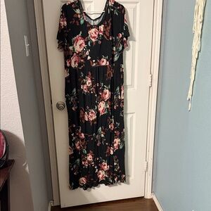 Black Floral Maxi Dress with Pink Rose Print and Green Leaves